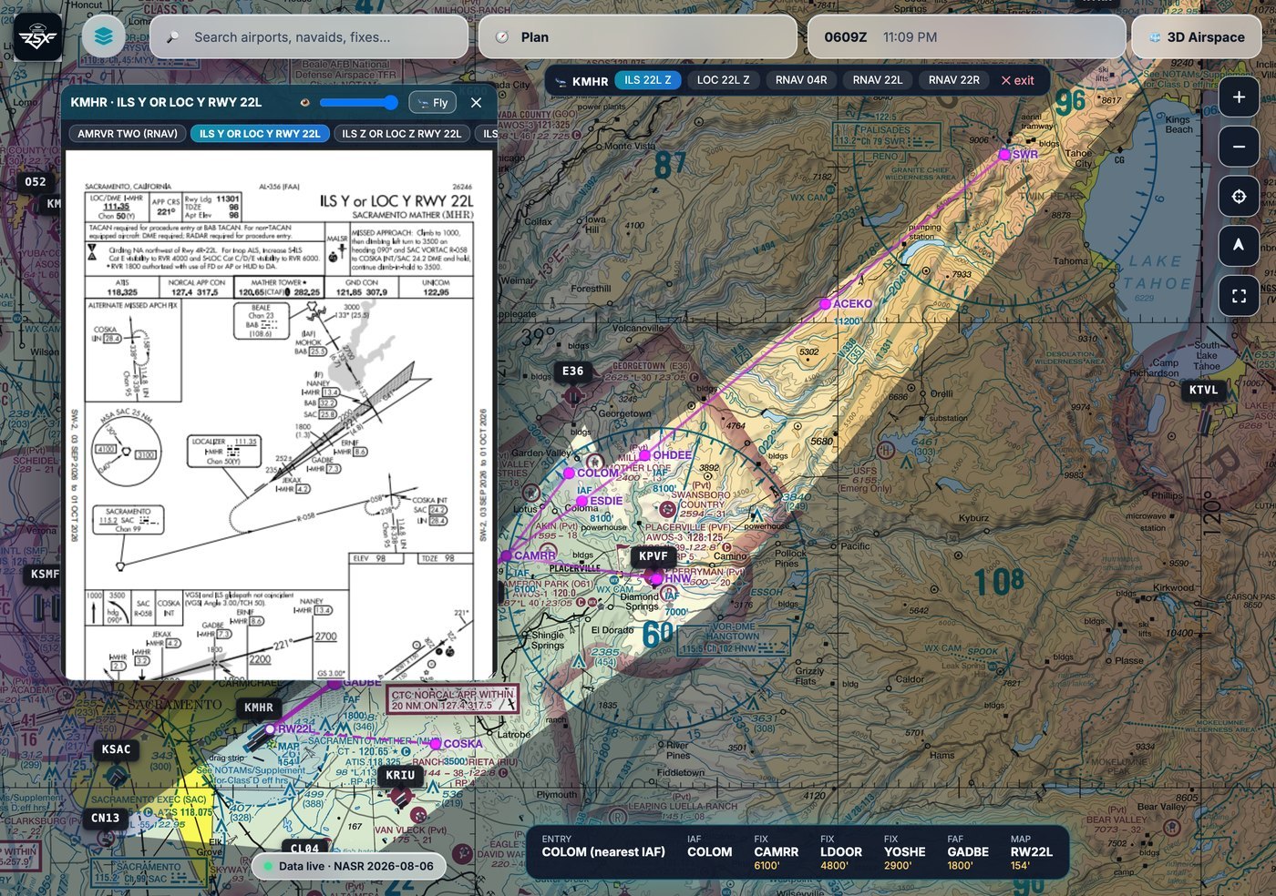 ZSX: the ILS Y RWY 22L plate overlaid on the sectional with approach mode drawing the procedure